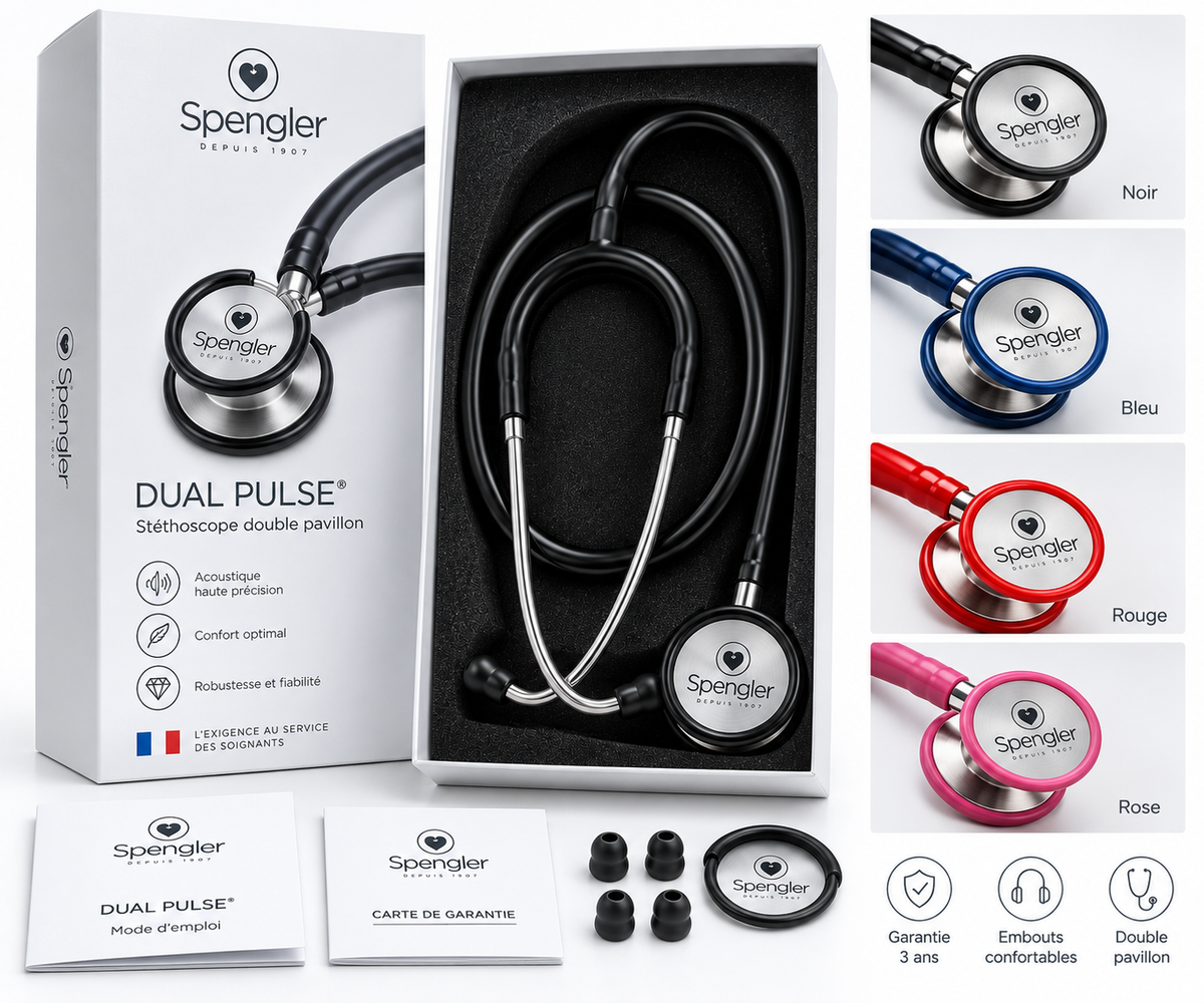 Stéthoscope Spengler Dual Pulse avec coffret, accessoires et coloris